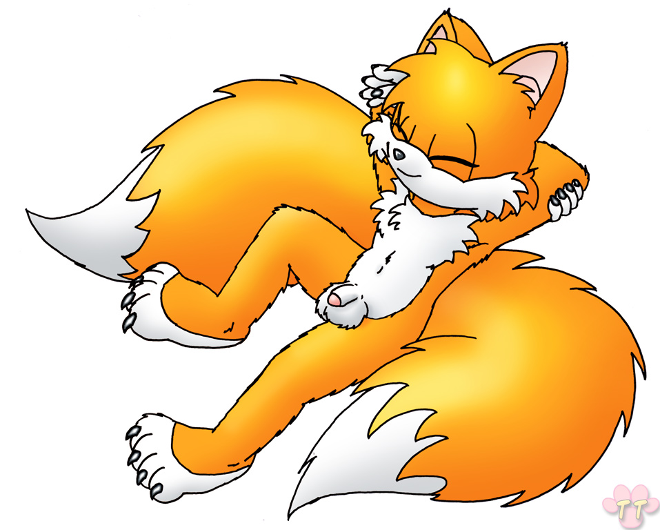 balls canine chest_tuft claws eyes_closed fox kitsune leaning_back male miles_prower mobian multiple_tails penis solo sonic_(series) tail twotails yellow