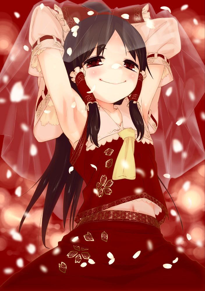 armpits arms_behind_head arms_up asa_no_ha_(pattern) ascot black_hair blurry blush bokeh bow collarbone depth_of_field detached_sleeves embellished_costume embroidery frills hair_bow hair_ornament hair_tubes hakurei_reimu long_hair looking_at_viewer midriff mizu_asato navel petals ponytail red red_eyes see-through seigaiha smile solo touhou veil very_long_hair