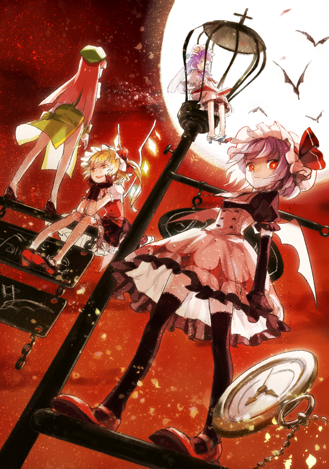 bad_id bad_pixiv_id bat_wings blonde_hair book clea crescent dutch_angle flandre_scarlet full_moon hat hong_meiling lamppost long_hair mary_janes moon multiple_girls night patchouli_knowledge pocket_watch purple_hair red_eyes red_hair red_sky remilia_scarlet shoes short_hair side_ponytail sky thighhighs touhou watch wings zettai_ryouiki