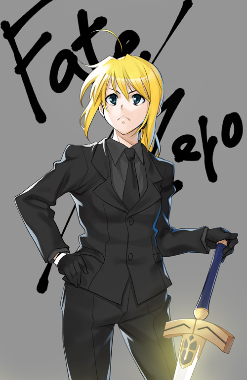 ahoge artoria_pendragon_(all) azu black_gloves blonde_hair fate/zero fate_(series) formal frown gloves hand_on_hip necktie pant_suit ponytail saber solo suit sword weapon