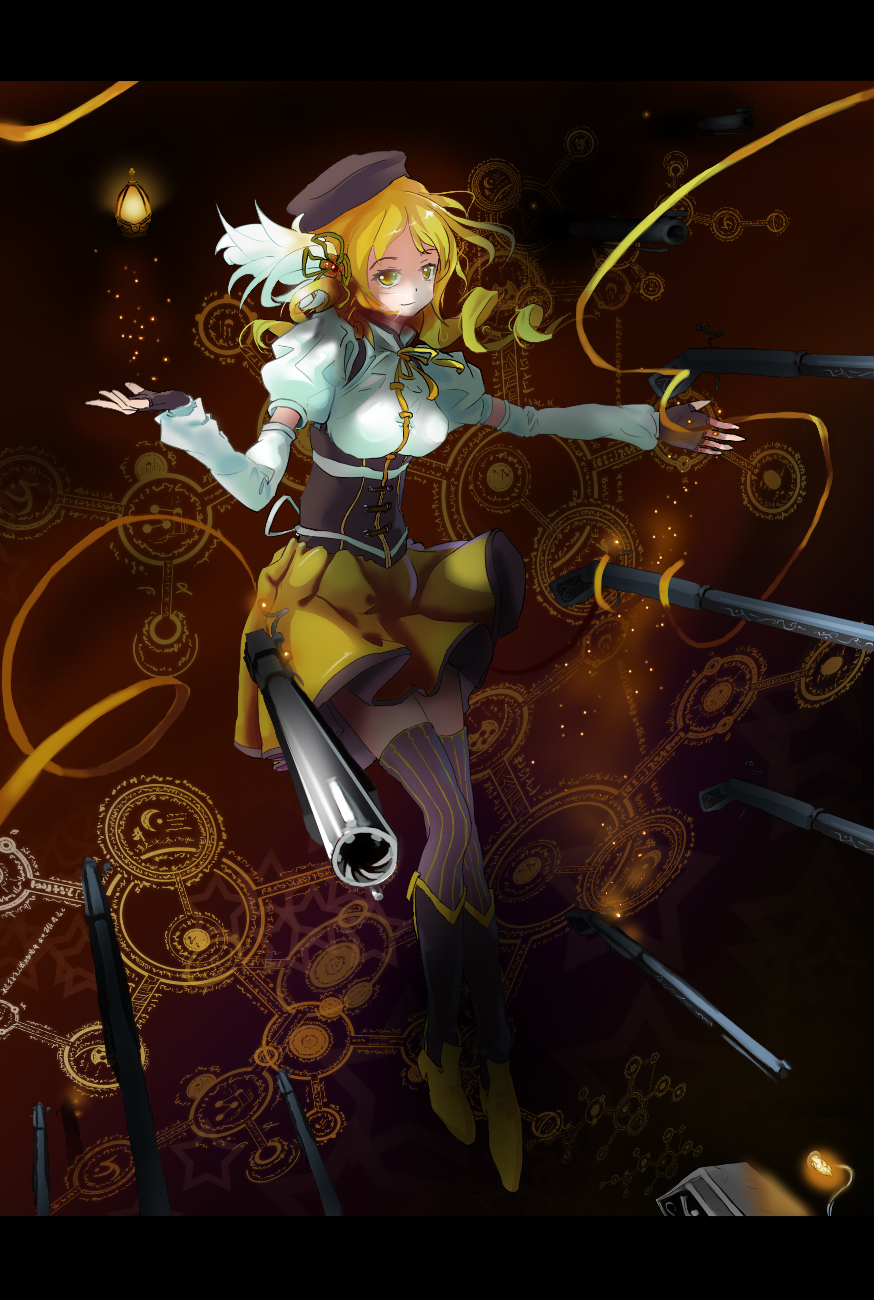 beret blonde_hair boots breasts brown_legwear detached_sleeves drill_hair fate/stay_night fate_(series) fingerless_gloves foreshortening gate_of_babylon gloves gun hair_ornament hairpin hat highres large_breasts letterboxed magic_circle magical_girl magical_musket mahou_shoujo_madoka_magica perspective pleated_skirt puffy_sleeves ribbon rifle skirt solo soul_gem striped striped_legwear terric thighhighs tomoe_mami twin_drills twintails vertical-striped_legwear vertical_stripes weapon yellow_eyes zettai_ryouiki