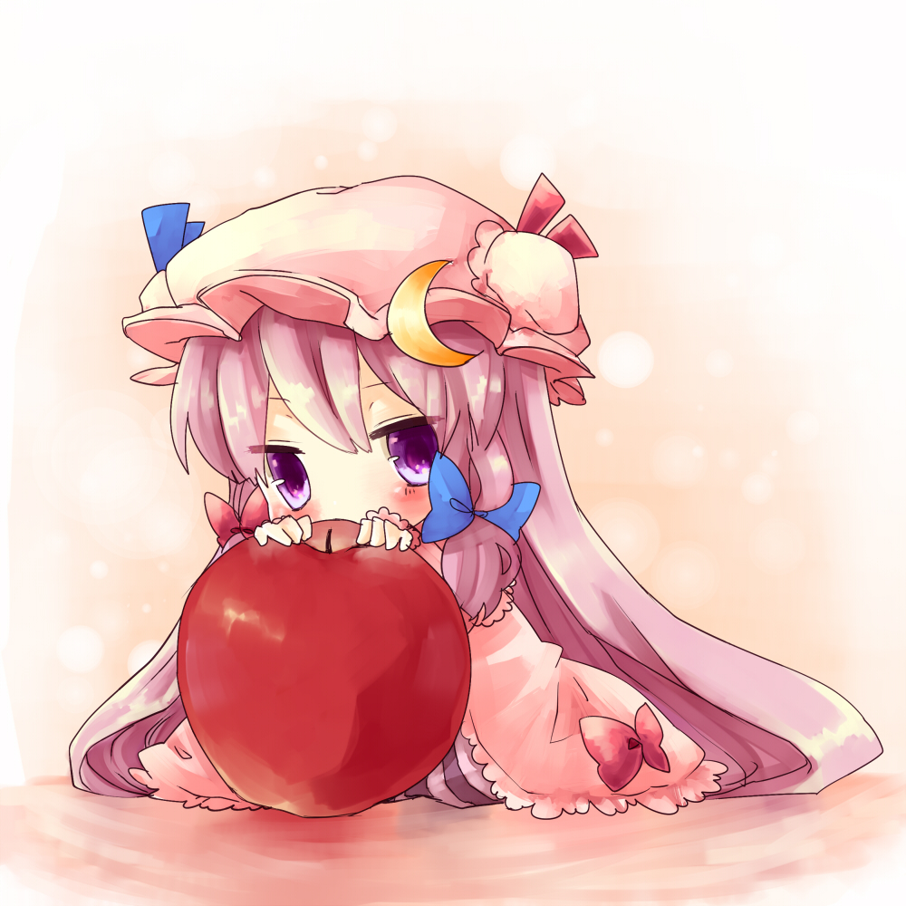 apple blush chibi crescent food fruit hat minigirl patchouli_knowledge purple_eyes purple_hair solo touhou yuya_(night_lily)
