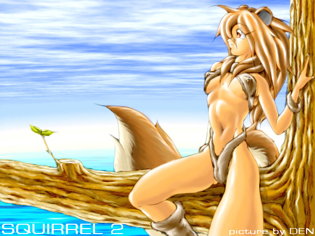 brown_hair bushy_tail clothed clothing female fluffy_tail hair karabiner long_hair mammal ocean rodent sea skimpy solo squirrel tail tree water wood