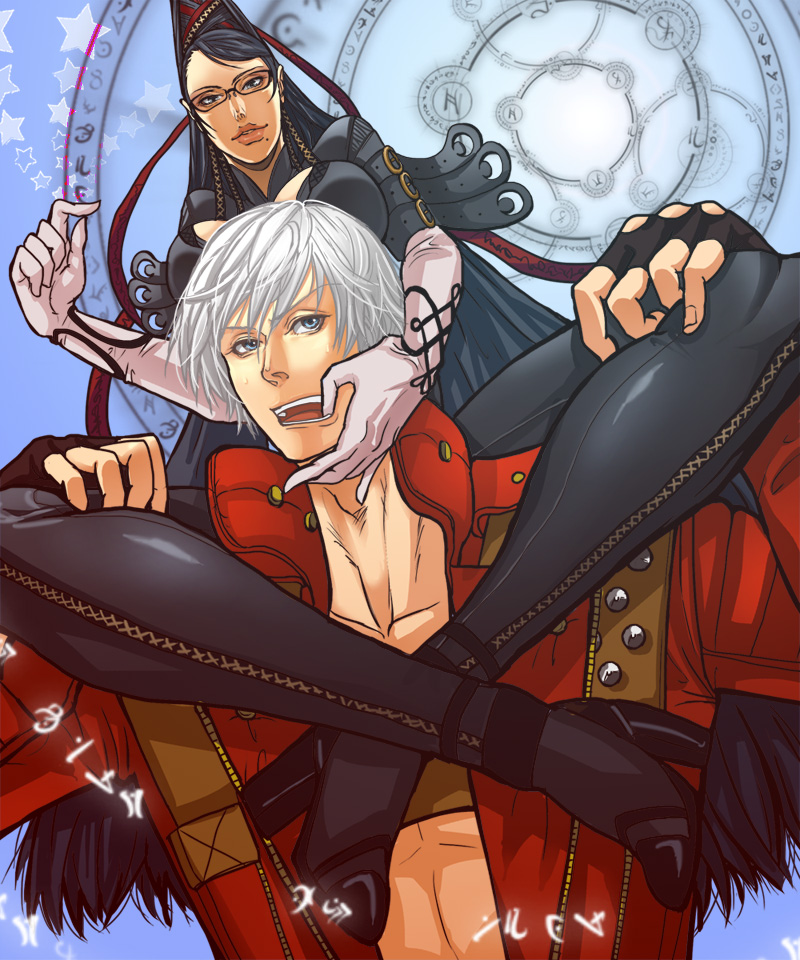 1boy 1girl bayonetta bayonetta_(character) beauty_mark black_hair blue_eyes bodysuit capcom cleavage_cutout creator_connection crossover dante dante_(devil_may_cry) devil_may_cry female fingerless_gloves glasses gloves hair_bun henyo legs_crossed long_hair male mole open_mouth piggyback red_ribbon ribbon short_hair silver_hair sweat trench_coat trenchcoat very_long_hair
