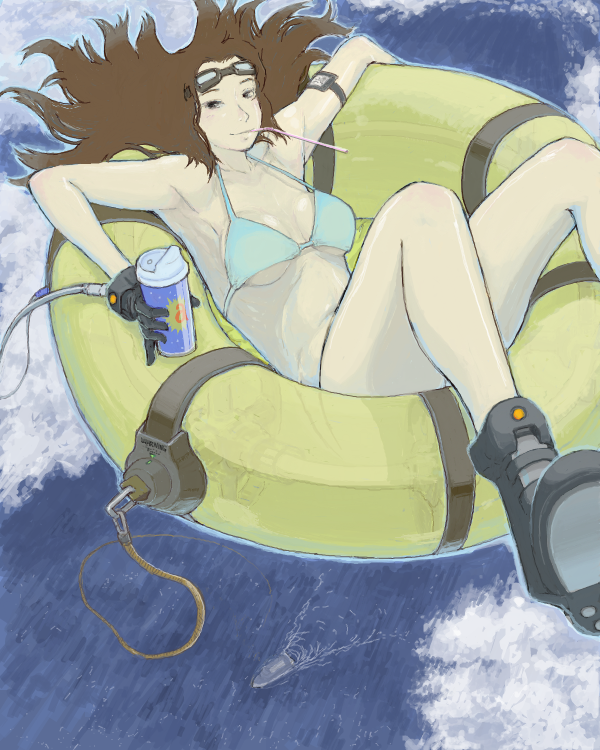 bikini brown_hair copyright_request drinking_straw gloves goggles long_hair solo swimsuit water ymr