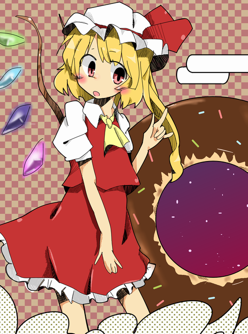 adomi ascot bad_id bad_pixiv_id blonde_hair doughnut flandre_scarlet food hat red_eyes side_ponytail solo touhou wings