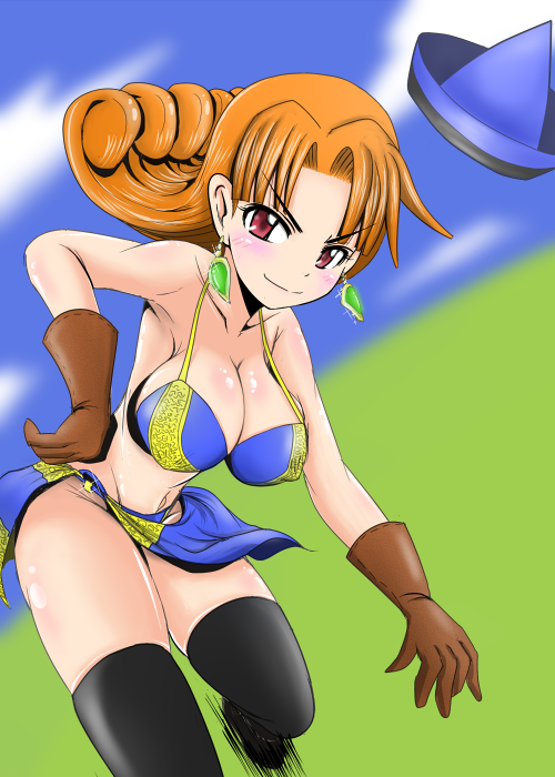 alena_(dq4) alternate_legwear bikini blue_sarong blush breasts cleavage dragon_quest dragon_quest_iv earrings gloves hat hat_removed headwear_removed jewelry large_breasts long_hair orange_hair print_sarong red_eyes sarong smirk swimsuit thighhighs uozumi_seiji