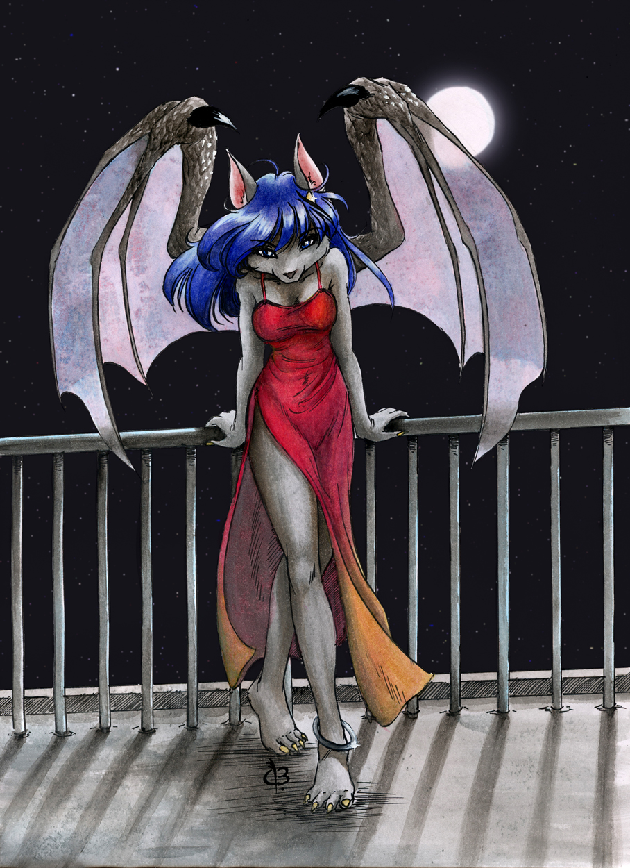 anklet bat blue_eyes blue_hair breasts claws dragon female hair hybrid ivana_hewlett mammal moon solo standing wings