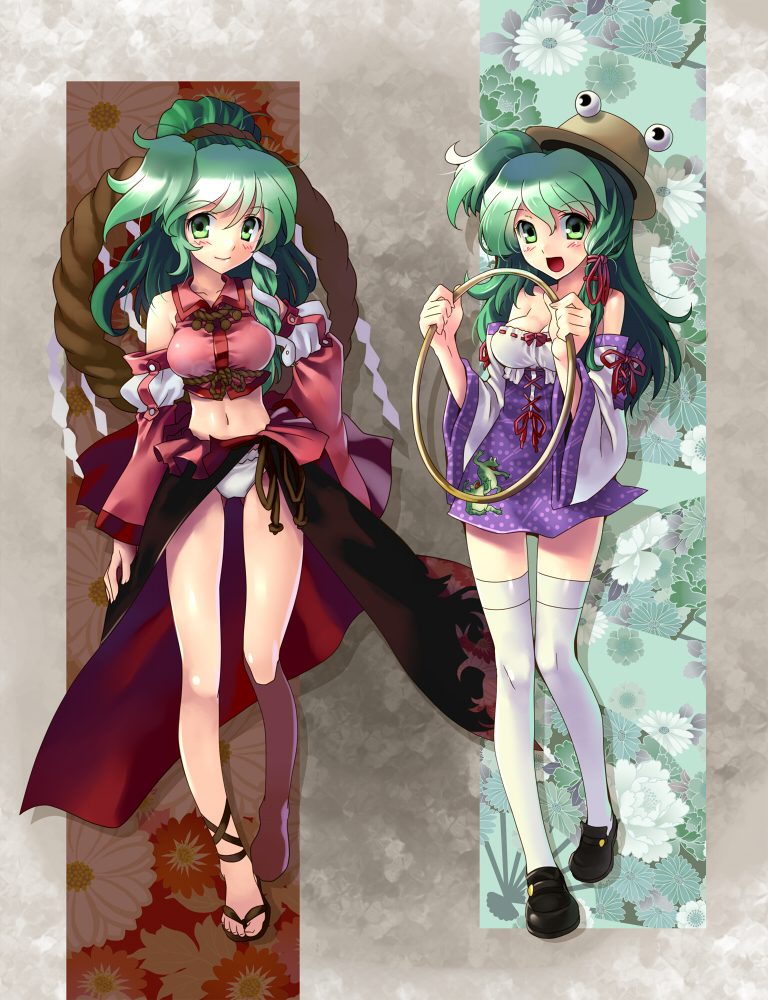 adapted_costume alternate_hairstyle ankle_lace-up bare_shoulders blush breasts cleavage cosplay cross-laced_footwear detached_sleeves dual_persona frog full_body green_eyes green_hair hair_ornament hair_ribbon hat katahira_masashi kochiya_sanae legs loafers long_skirt looking_at_viewer medium_breasts midriff moriya's_iron_rings moriya_suwako moriya_suwako_(cosplay) navel panties ponytail ribbon rope sandals shimenawa shoes side_ponytail skirt smile snake thighhighs touhou underwear white_legwear white_panties yasaka_kanako yasaka_kanako_(cosplay) zettai_ryouiki