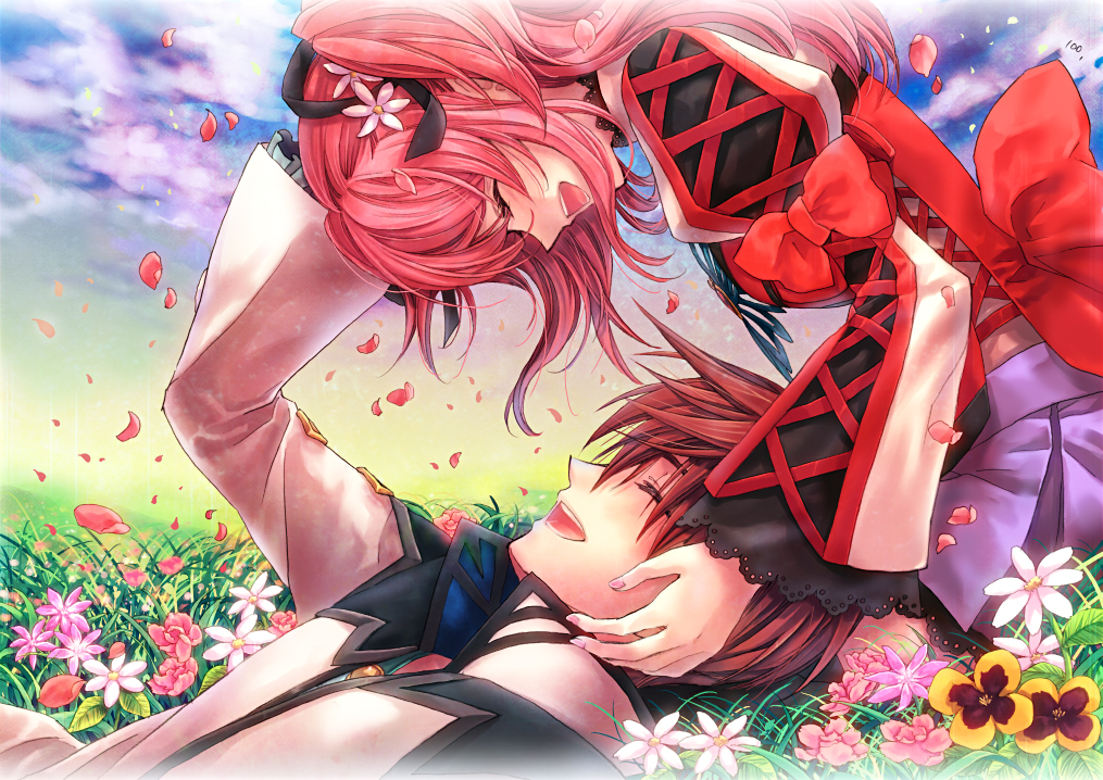 1girl asbel_lhant back_bow bad_id bad_pixiv_id bow brown_hair cheria_barnes closed_eyes cloud couple flower flower_bed grass hair_flower hair_ornament hair_ribbon hand_on_another's_head happy hetero long_hair lying momo_(gomenne) petals pink_hair profile purple_skirt red_hair ribbon skirt tales_of_(series) tales_of_graces