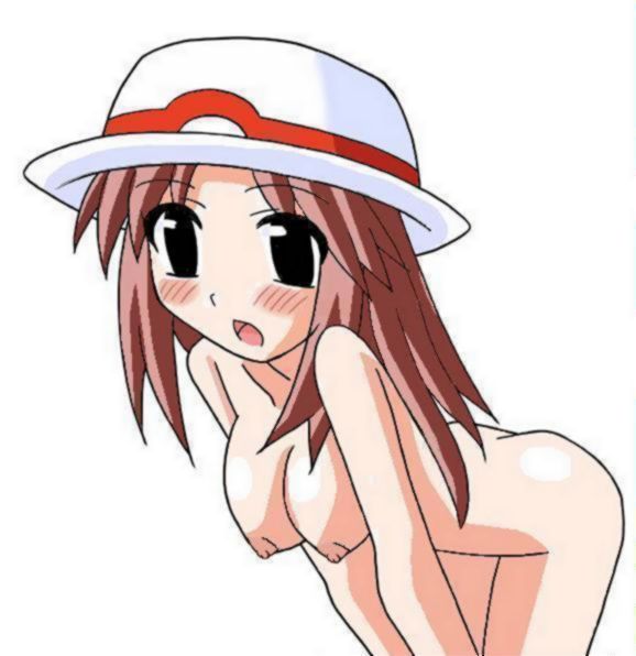 blue_(pokemon) blush breasts brown_hair color copo_deluxe female hat leaf lingerie nintendo nipples nude pokemon simple_background solo white_background
