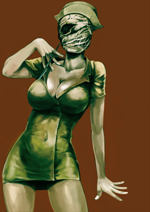 369_(pixiv367029) big_breasts breasts cleavage female hat large_breasts monster_girl nurse nurse_(silent_hill) nurse_cap nurse_uniform scalpel silent_hill simple_background solo uniform