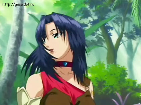 blue_hair breasts choker female green_eyes happy jungle long_hair looking_back marone_bluecarno open_mouth smile solo tales_of_(series) tales_of_eternia tree
