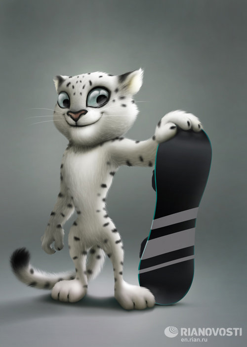 blue_eyes cute feline grey_background leopard male mammal mascot olympic_mascot olympics plain_background russian simple_background snow_leopard snowboard sochi_2014 sochi_2014_olympics solo standing vadim_pak vadim_pak_(artist)