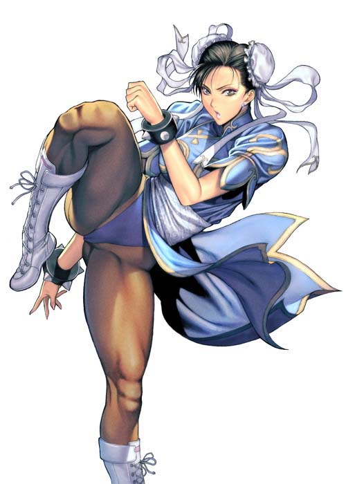 black_hair boots bracelet bun_cover cameltoe china_dress chinese_clothes chun-li crotch double_bun dress earrings fighting_stance homare_(fool's_art) jewelry knee_boots leg_lift legs lipstick makeup muscle open_mouth pantyhose pelvic_curtain sash short_hair simple_background solo spiked_bracelet spikes standing standing_on_one_leg street_fighter thick_thighs thighs yellow_eyes