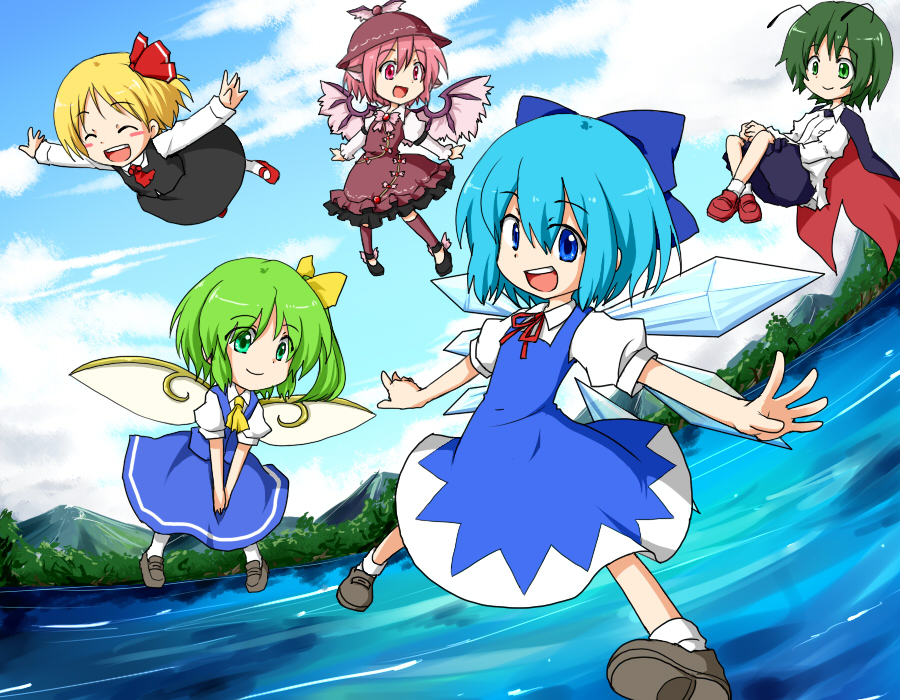 :d ^_^ animal_ears antennae bad_id bad_pixiv_id blue_hair blush_stickers bow cape child cirno closed_eyes cloud daiyousei day fairy floating frills gimicalmas green_eyes green_hair hair_bow happy hat lake mary_janes mountain multiple_girls mystia_lorelei open_mouth outstretched_arms pink_hair red_eyes rumia shoes short_hair side_ponytail sky smile spread_arms team_9 touhou tree v_arms wings wriggle_nightbug