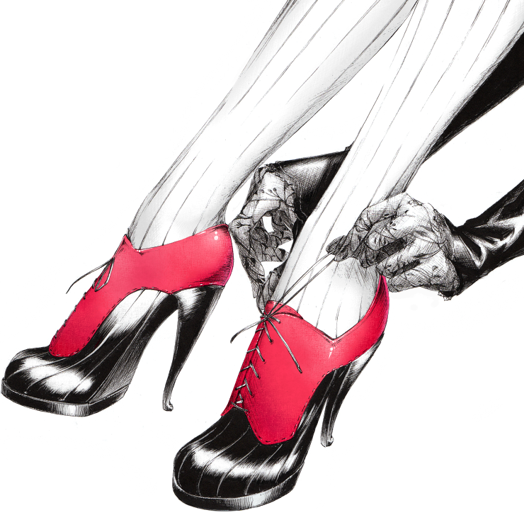 close-up feet gloves hands high_heels monochrome original out_of_frame shoes solo sousou_(sousouworks) spot_color tying
