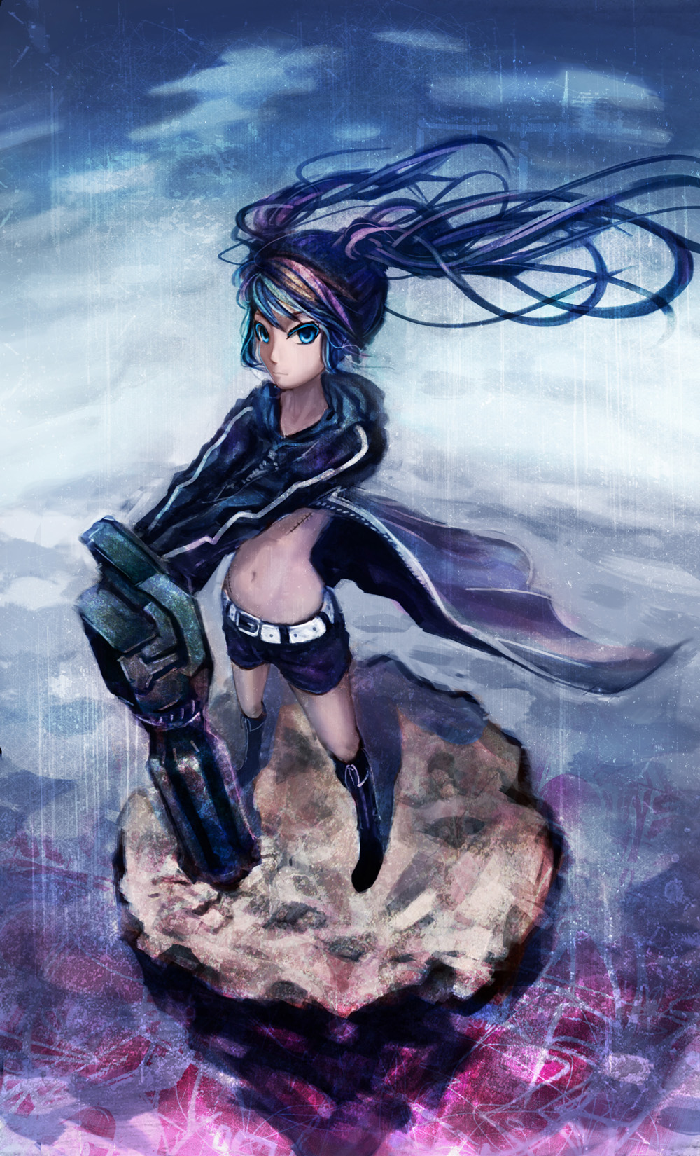 arm_cannon bad_id bad_pixiv_id belt black_rock_shooter black_rock_shooter_(character) boots cape highres long_hair qin scar shorts solo standing stitches twintails weapon