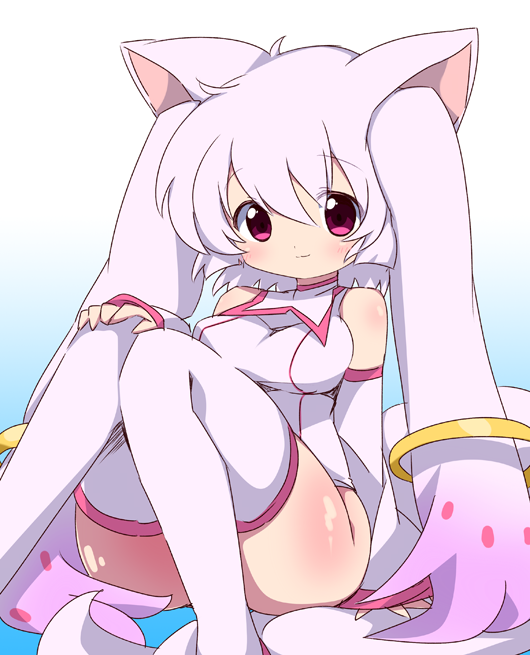 animal_ears bad_id bad_pixiv_id detached_sleeves kyubey long_hair mahou_shoujo_madoka_magica meiro_(yuu) personification pink_eyes school_swimsuit solo swimsuit tail thighhighs twintails white_hair white_legwear