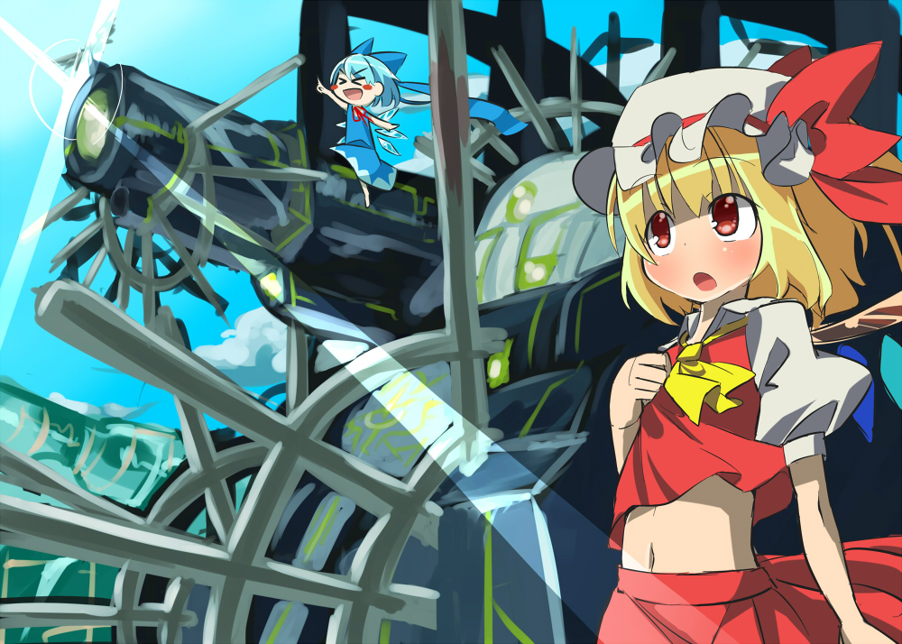 &gt;_&lt; :o ascot blonde_hair blue_hair cannon chibi cirno closed_eyes flandre_scarlet hat isoroku_(gojuuroku) midriff multiple_girls navel outstretched_arm red_eyes sitting skirt touhou wind wings