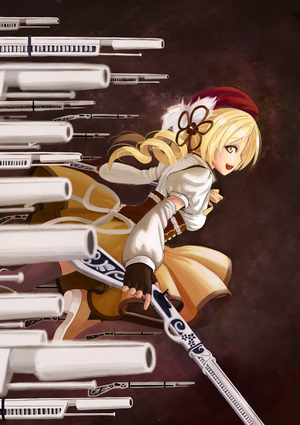 beret blonde_hair blurry boots breasts brown_legwear depth_of_field detached_sleeves drill_hair dual_wielding fingerless_gloves gate_of_babylon gloves gun hair_ornament hairpin hat holding magical_girl magical_musket mahou_shoujo_madoka_magica medium_breasts perspective pleated_skirt puffy_sleeves ribbon rifle skindentation skirt solo thighhighs tomoe_mami twin_drills twintails waizu weapon yellow_eyes zettai_ryouiki