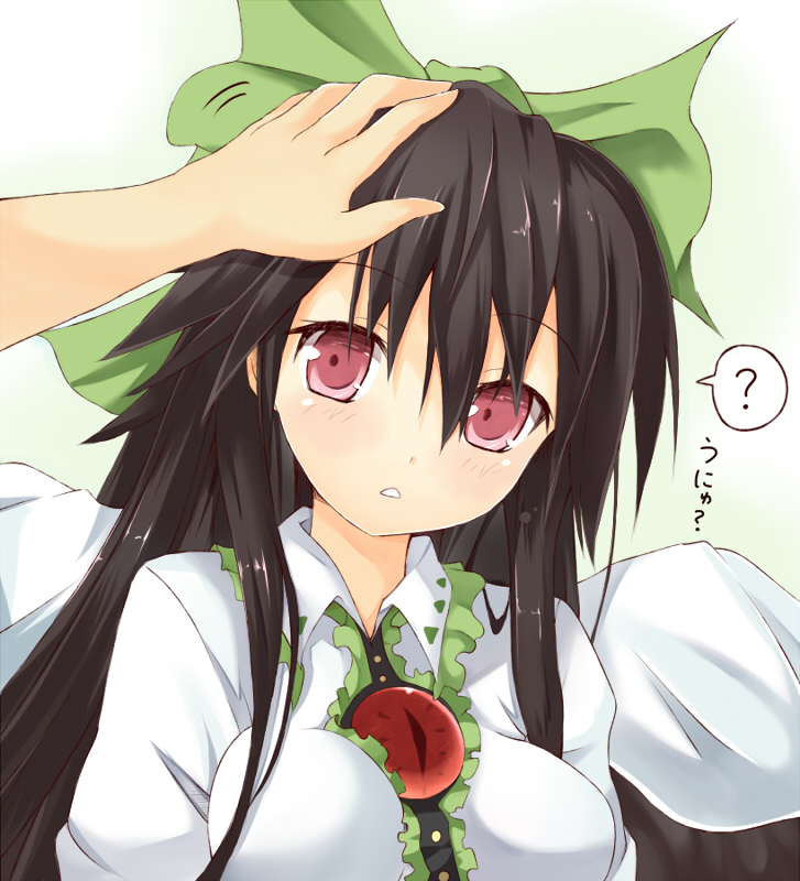? black_hair bow breasts cape efe face hair_bow hand_on_another's_head large_breasts out_of_frame petting red_eyes reiuji_utsuho solo_focus third_eye touhou unyu wings