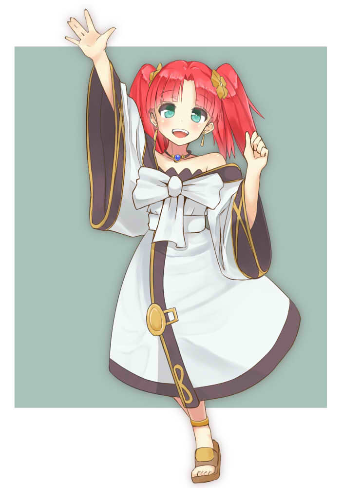 arm_up bad_id bad_pixiv_id bare_shoulders blush earrings flower fractale green_eyes hair_flower hair_ornament jewelry jpeg_artifacts long_hair masamuuu necklace nessa open_mouth red_hair sandals smile solo twintails waving