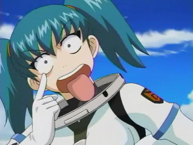 :p angry aqua_hair blue_eyes bodysuit cloud female green_hair honjo_mikaze open_mouth pilot_suit short_hair skin_tight sky solo spacesuit stratos_4 tongue twintails