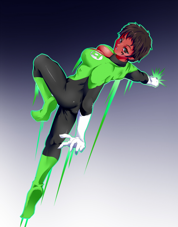 alien ass bodysuit boots breasts brown_eyes brown_hair cleavage dc_comics female full_body gloves gradient gradient_background green_lantern green_lantern_(series) ingenmame jewelry looking_back nabeshiki_(ingenmame) red_skin ring short_hair skin_tight solo soranik_natu