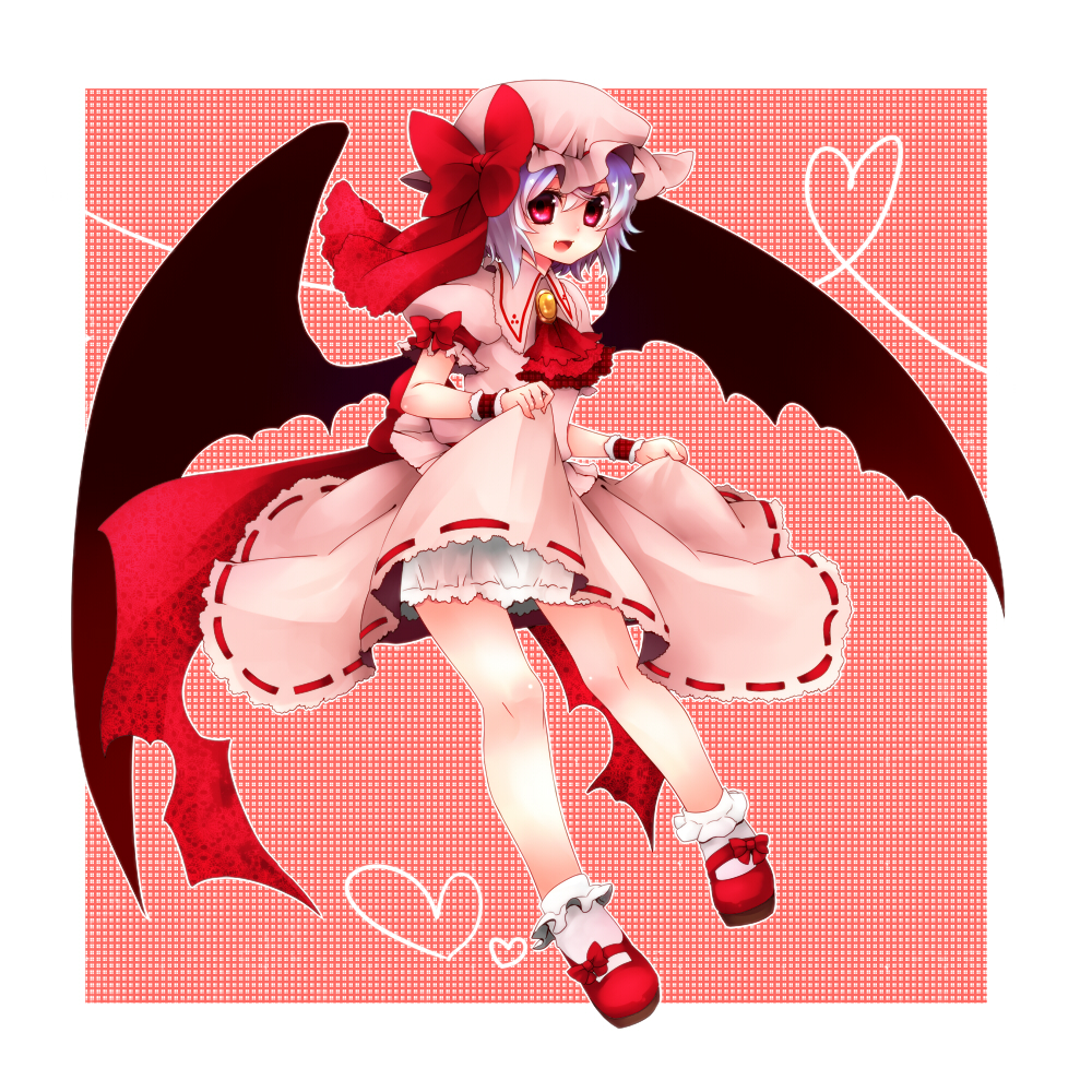 bad_id bad_pixiv_id bat_wings blue_hair bobby_socks bow brooch dress dress_lift fang hat hat_ribbon heart heart_of_string jewelry mary_janes open_mouth red_eyes remilia_scarlet ribbon shoes short_hair smile socks solo touhou wings wrist_cuffs yutazou