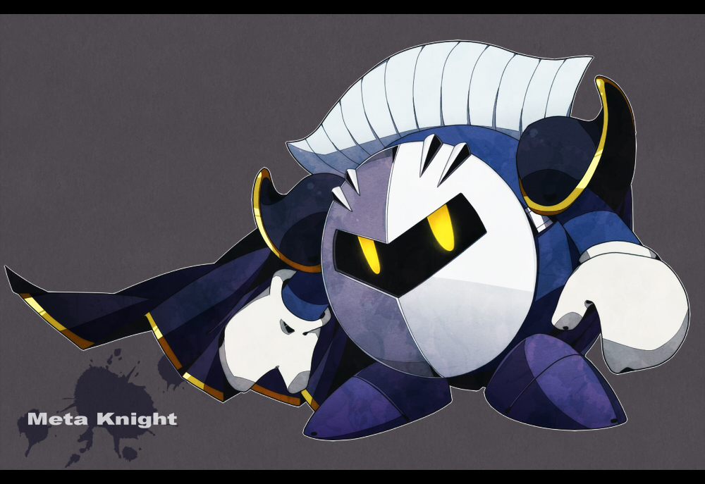 bad_id bad_pixiv_id cape character_name gloves glowing glowing_eyes grey_background kirby_(series) letterboxed male_focus mask merlusa meta_knight no_humans simple_background solo standing yellow_eyes