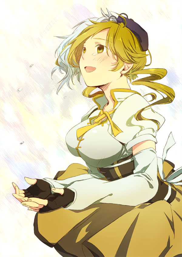 bad_id bad_pixiv_id blonde_hair blush breasts drill_hair fingerless_gloves gloves hat hino_(gonta523) long_hair looking_up magical_girl mahou_shoujo_madoka_magica medium_breasts open_mouth smile solo tears tomoe_mami twintails yellow_eyes