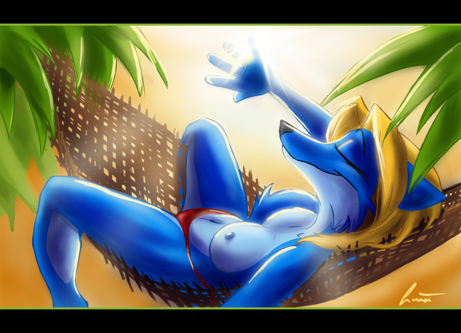 blue breasts canine cinnamonhunter eyes_closed female fox hammock solo topless tropical