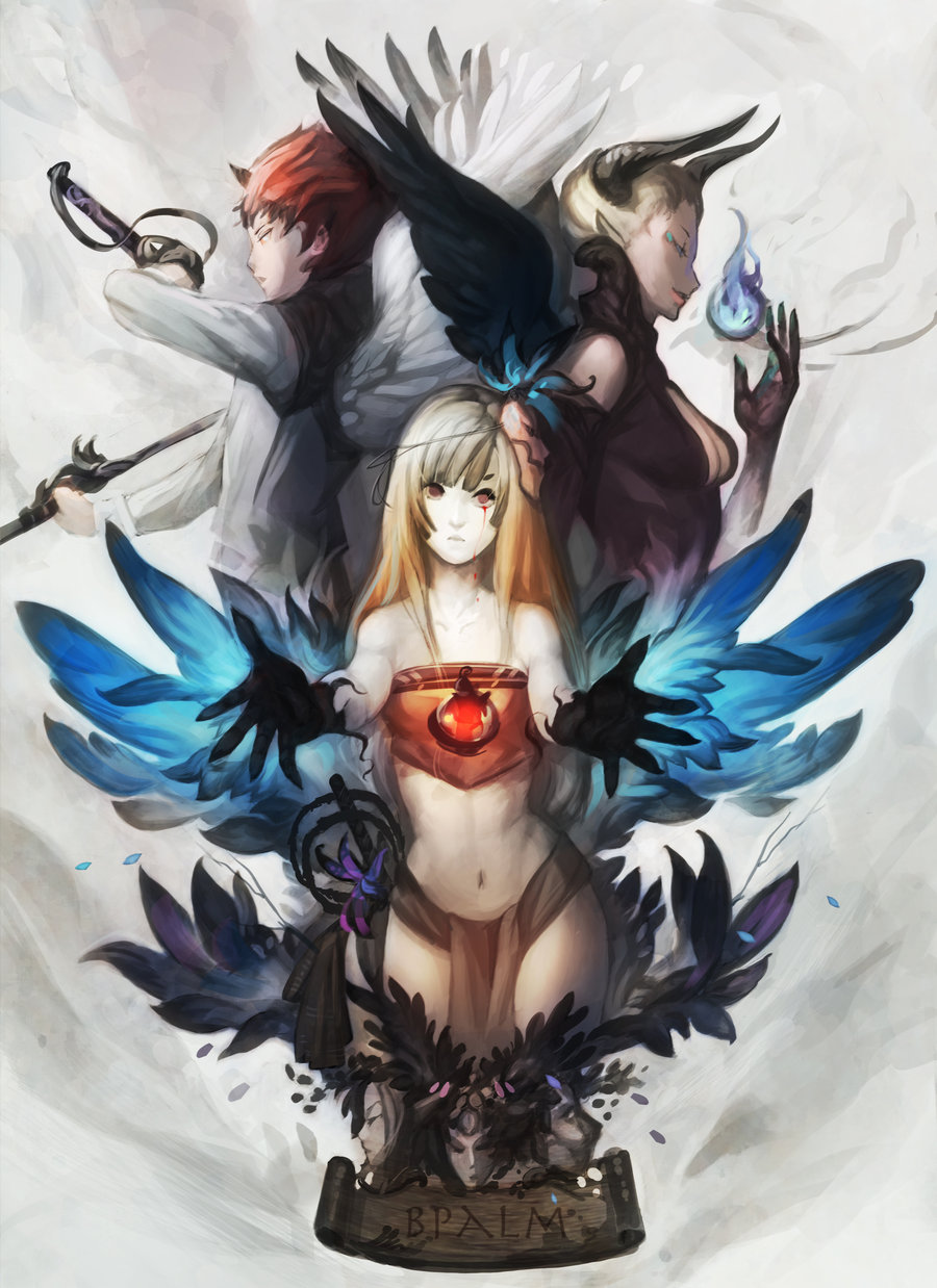 1boy 2girls back-to-back bangs bare_shoulders blonde_hair blood bloody_tears blue_fire blue_flame breasts cleavage copyright_request fantasy fire gloves highres long_hair midriff multiple_girls narongchai_singhapand navel petals profile reaching reaching_out readman red_eyes red_hair scroll short_hair smile sword thighs weapon wings