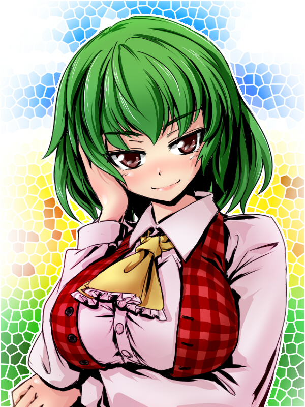 ascot breast_hold breasts green_hair hand_on_own_face head_tilt itsuku kazami_yuuka large_breasts lips plaid plaid_vest red_eyes short_hair smile solo touhou vest