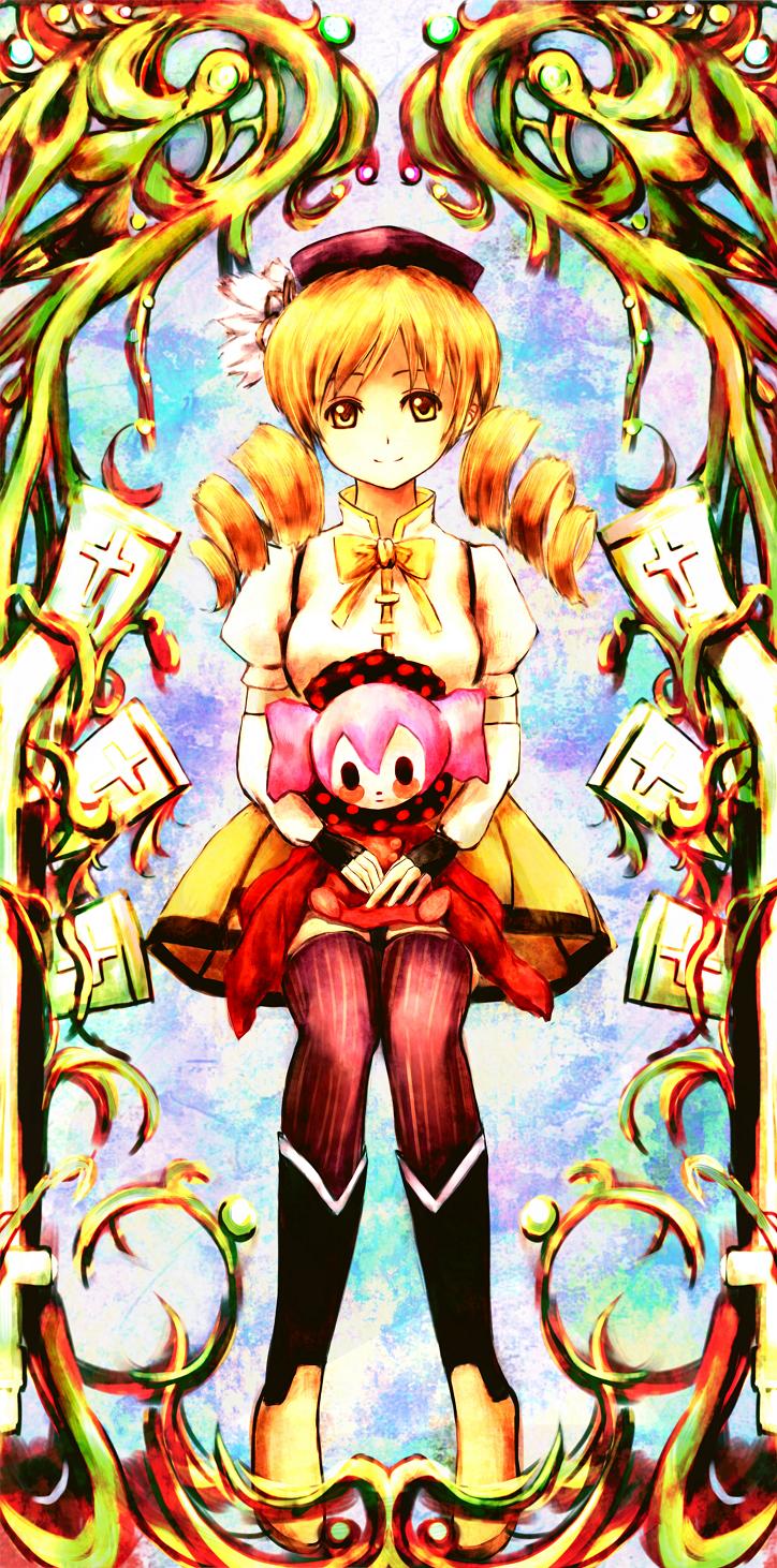 art_nouveau bad_id bad_pixiv_id blonde_hair charlotte_(madoka_magica) drill_hair fingerless_gloves gloves highres magical_girl mahou_shoujo_madoka_magica pleated_skirt sanshirou_(ogiogi0827) skirt smile striped striped_legwear thighhighs tomoe_mami vertical-striped_legwear vertical_stripes yellow_eyes