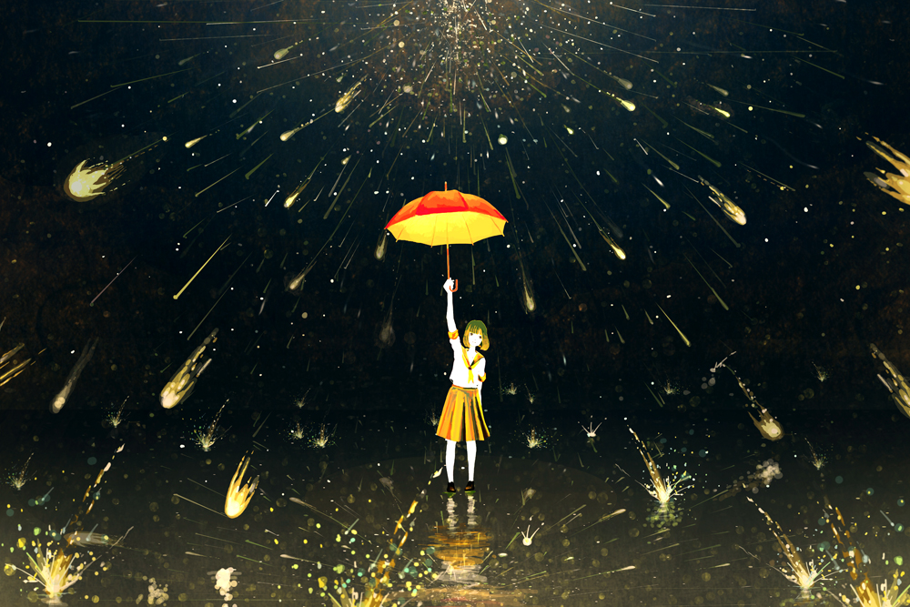 dark gemi meteor original rain reflection school_uniform serafuku short_hair skirt solo umbrella