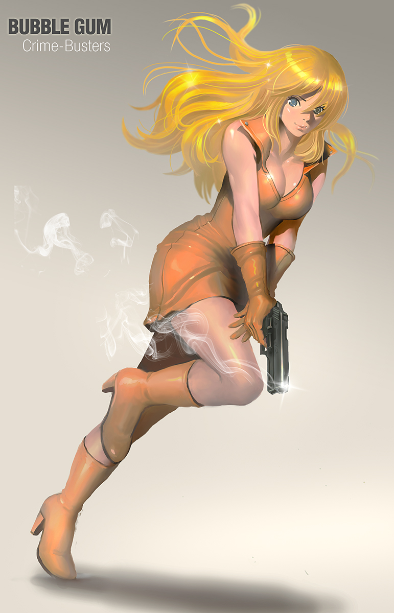 bad_id bad_pixiv_id blonde_hair boots breasts cleavage copyright_request dress gloves gun handgun high_heels highres kilart large_breasts long_hair pistol shoes sleeveless smile smoke smoking_gun solo weapon