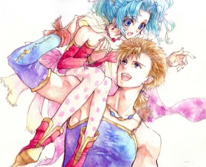 1boy 1girl bare_shoulders blonde_hair blue_eyes cape carrying detached_sleeves female final_fantasy final_fantasy_vi green_hair jewelry long_hair male mash_rene_figaro mochineko necklace open_mouth pantyhose ponytail tina_branford