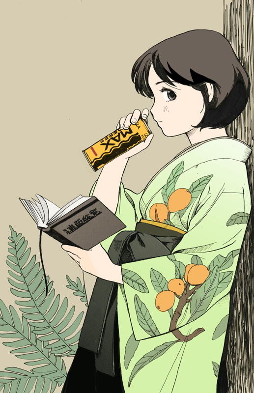 akai_sashimi black_eyes black_hair book can food fruit japanese_clothes original plant short_hair solo