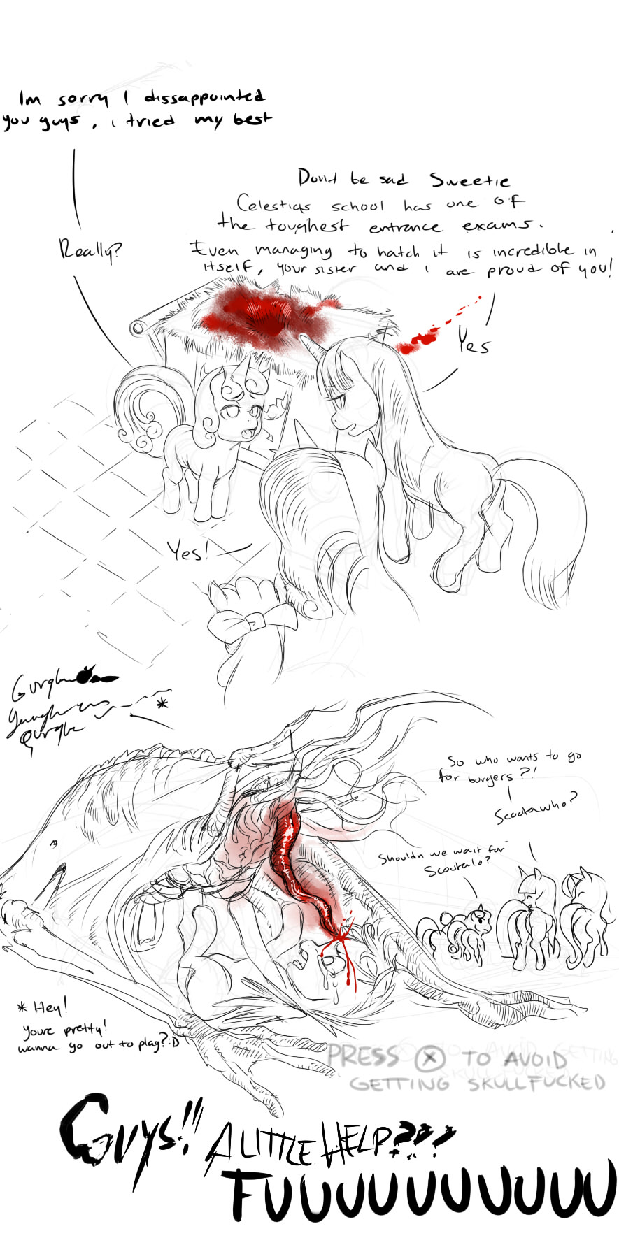 apple_bloom_(mlp) applebloom_(mlp) black_and_white blood bow comic cub cutie_mark_crusaders_(mlp) dead_space dead_space_2 death_imminent english_text equine female feral friendship_is_magic group horn horns horse imminent_death mammal monochrome my_little_pony necromorph nightmare_fuel ottanta pegasus pony quick_time_event rarity_(mlp) scootabuse scootaloo_(mlp) sweetie_belle_(mlp) tears text twilight_sparkle_(mlp) unicorn wings young