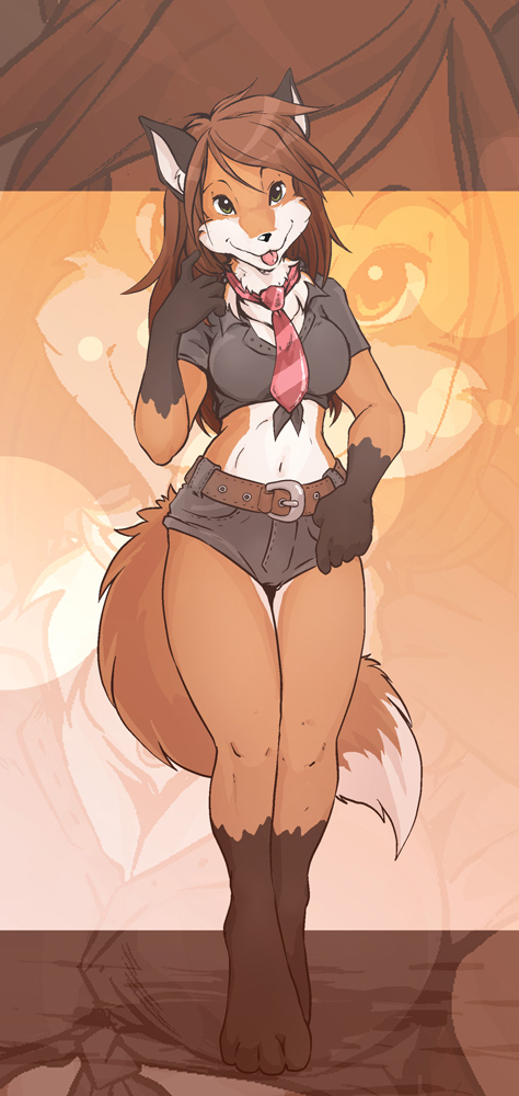 belt breasts brown_hair camel_toe canine chest_tuft clothed clothing cutoffs digitigrade female fox green_eyes hair long_brown_hair long_hair looking_at_viewer midriff navel necktie orange shirt shorts skimpy solo tail tongue twinkle-sez wide_hips
