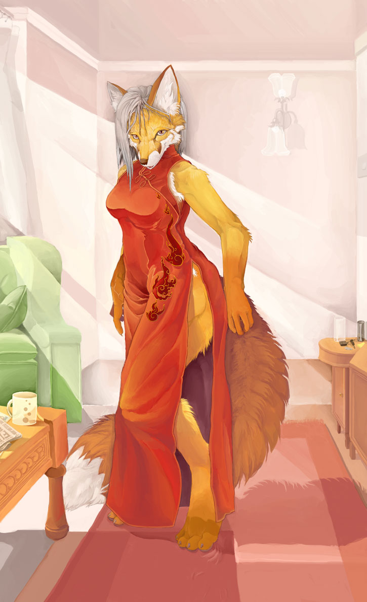 canine carpet cup female fox glass_cup green_chair hair key lamp mug newspaper note pillow pira red_dress solo standing table white_hair yellow yellow_eyes