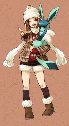 bad_id bad_pixiv_id blush boots full_body gen_4_pokemon glaceon hat holding kneehighs lowres one_eye_closed open_mouth painame pink_hair pixiv pixiv_trainer pokemon pokemon_(creature) pokemon_trainer red_eyes scarf short_hair shorts simple_background sweater
