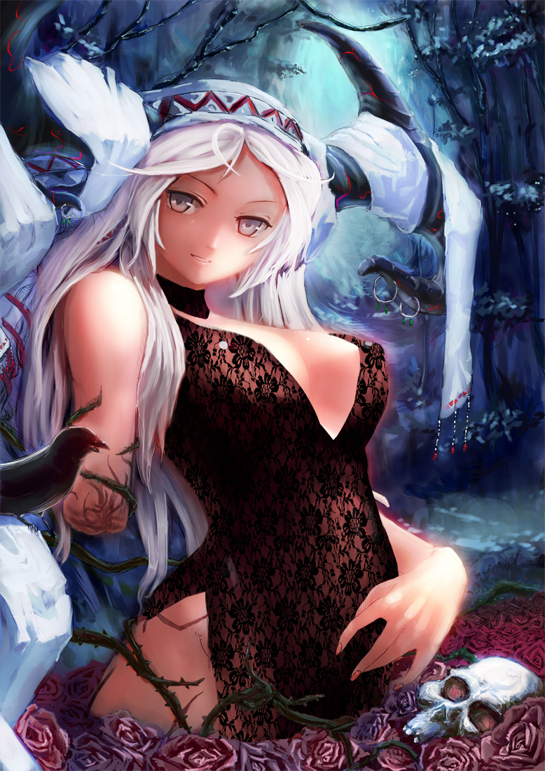 amputee bad_id bad_pixiv_id bird bookseve breasts cleavage crow flower horns large_breasts long_hair original red_flower red_rose rose side_slit skull solo white_hair