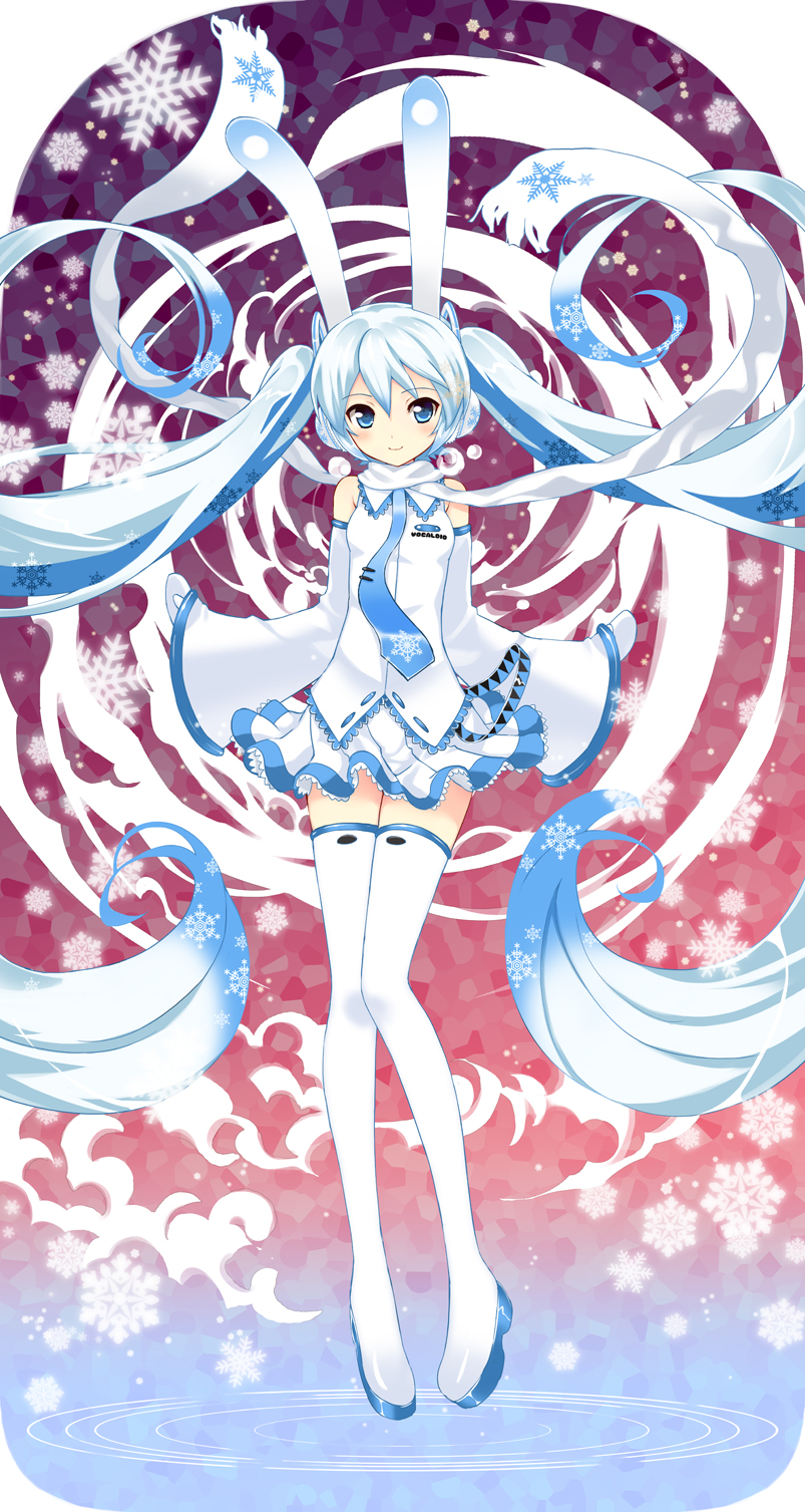 animal_ears blue_eyes blush boots bunny_ears chun_(friendly_sky) detached_sleeves floating frilled_skirt frills hatsune_miku highres light_smile long_hair necktie pleated_skirt ripples rounded_corners skirt sleeves_past_wrists smile solo thigh_boots thighhighs twintails very_long_hair vocaloid white_hair yuki_miku zettai_ryouiki