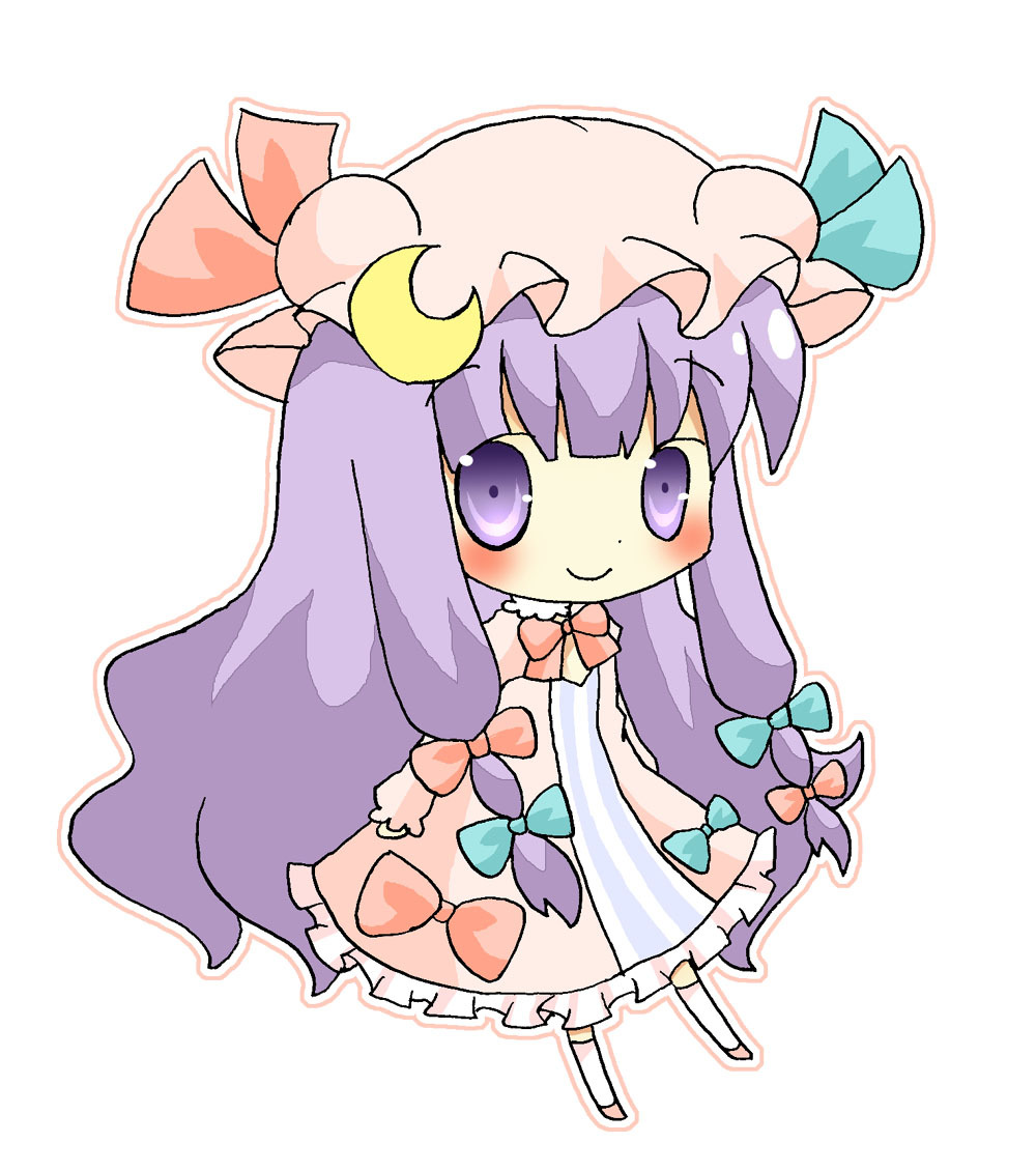 bad_id bad_pixiv_id blush_stickers bow chibi crescent hair_bow hat patchouli_knowledge purple_eyes purple_hair solo takahashi_kanon touhou