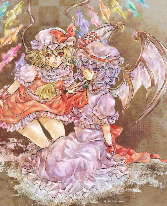 arm_support bad_id bad_pixiv_id bat_wings blonde_hair checkered checkered_background claws dress fangs fingernails flandre_scarlet frilled_dress frills hat hat_ribbon long_fingernails madogawa marker_(medium) multiple_girls open_mouth purple_hair remilia_scarlet ribbon short_hair short_sleeves siblings sisters sitting touhou traditional_media wings wrist_cuffs