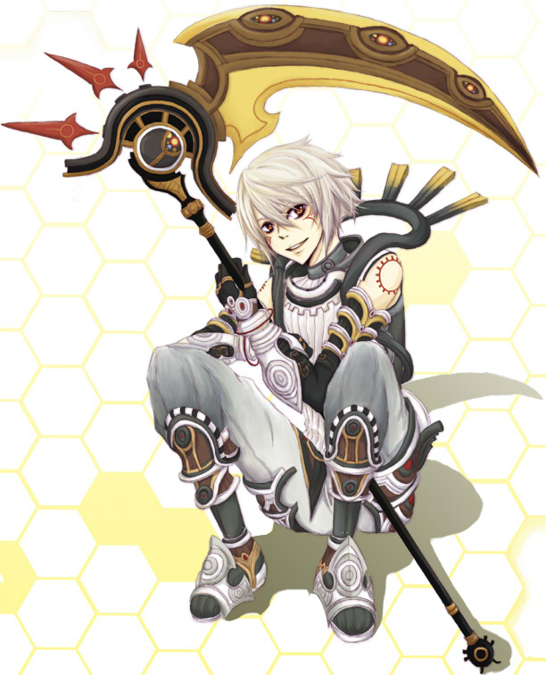 .hack//g.u. 1boy armor boots calm6363 elbow_gloves gloves haseo_(.hack//) holding holding_scythe male_focus red_eyes scythe sitting smile solo tattoo white_hair
