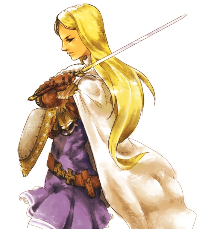 belt blonde_hair cape female final_fantasy final_fantasy_tactics gauntlets gloves knight knight_(fft) long_hair range_talio shield simple_background solo sword weapon white_background